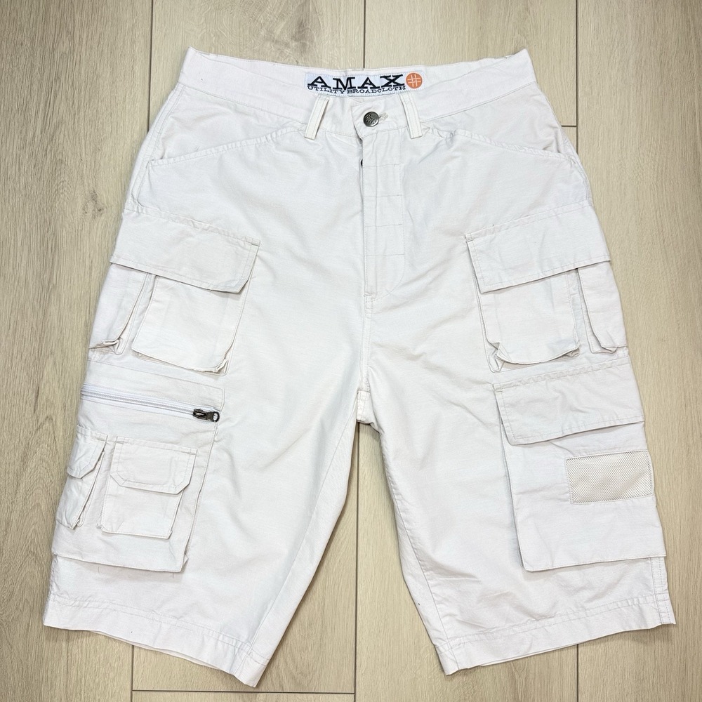 Y2K Amax Utility Broadcloth Mens 30 White Cargo Shorts Hip Hop Skater Pockets Sz
